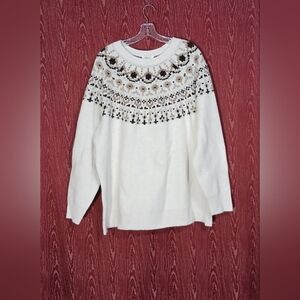 D & CO HERITACE Elegant Cream Round Neck Long Sleeve Patterned Womens Sweater 2X